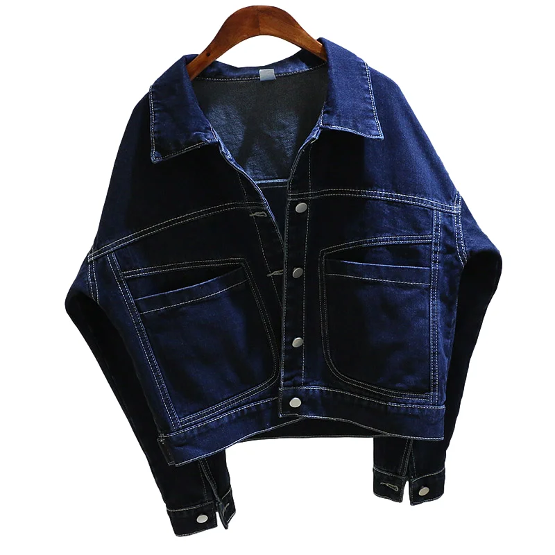 

Dark Blue Short Denim Jacket Women Loose Cowboy Outerwear Spring Autumn New Vintage Big Pocket Long Sleeve Jeans Jacket Female