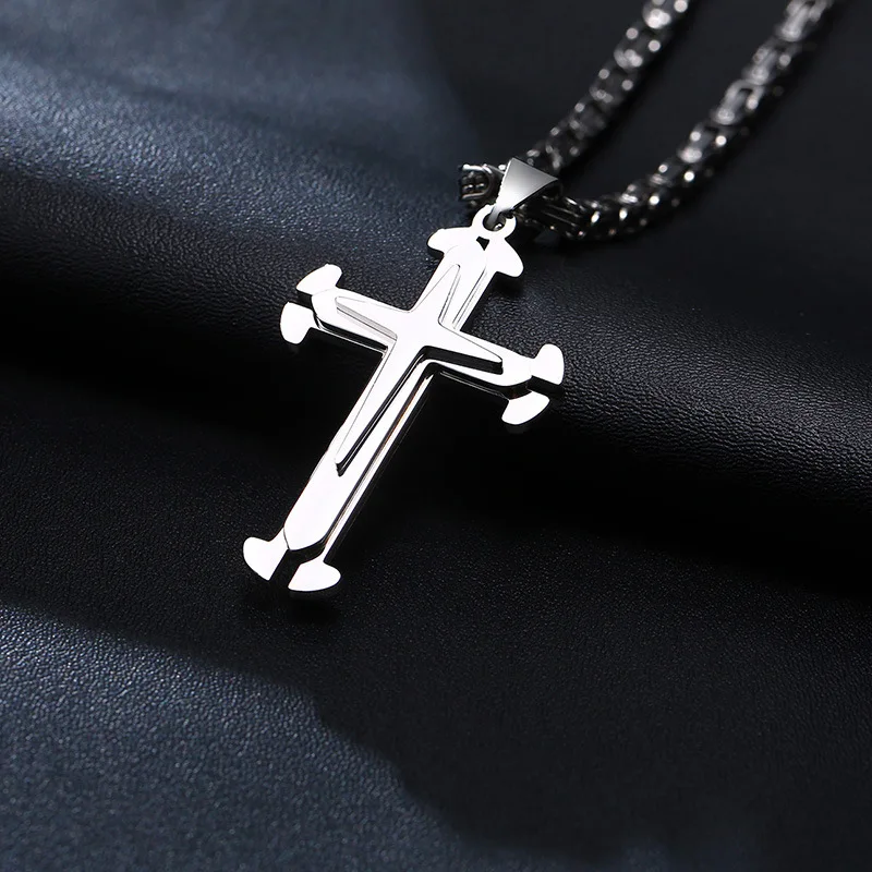 

Stainless Steel Three-layer Cross Pendant Men's Necklace Byzantine Chain Hip Hop Accessories Transfer Amulet Sweater Chain