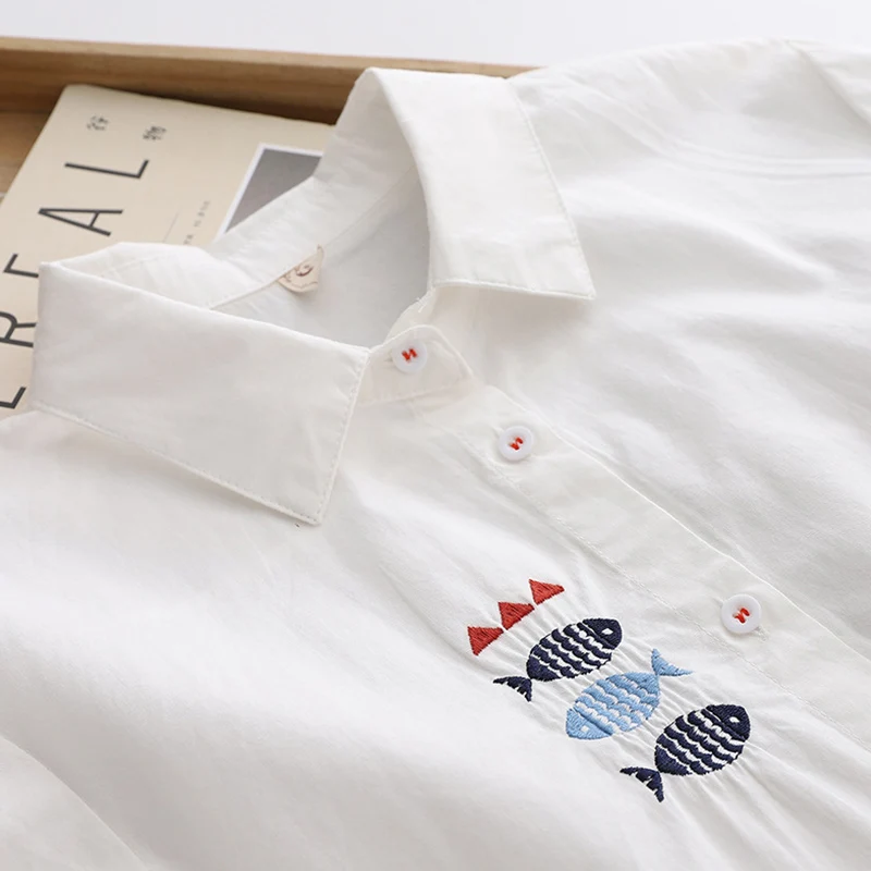 

Spring Cotton Fish Embroidery Fingerling Shirt Women Clothing Long Sleeved Bluzki Blusas Elegantes Female Chemisiers Blouse U287