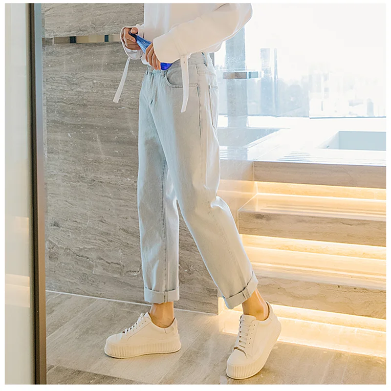 Streetwear Men 2022 New Pattern Vintage Recreational Light Blue Jeans Versatile Trend Straight Cylinder Trousers Autumn Female