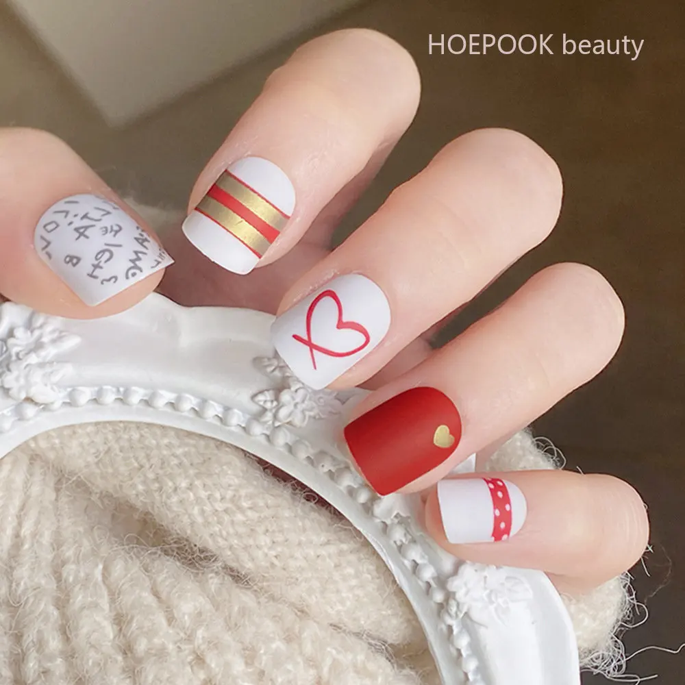 

24pcs Wine Red Heart Short Coffin Fake Nails With Tools Finished Removable False Nails Full Coverage Waterproof Press On Nail Se