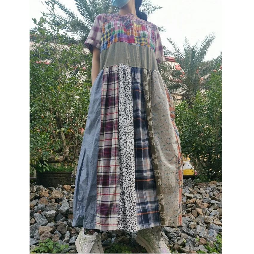 Original Rural Pastoral Casual Personalized Floral Plaid Dresses For Women 2022 Plus Size Women Clothing