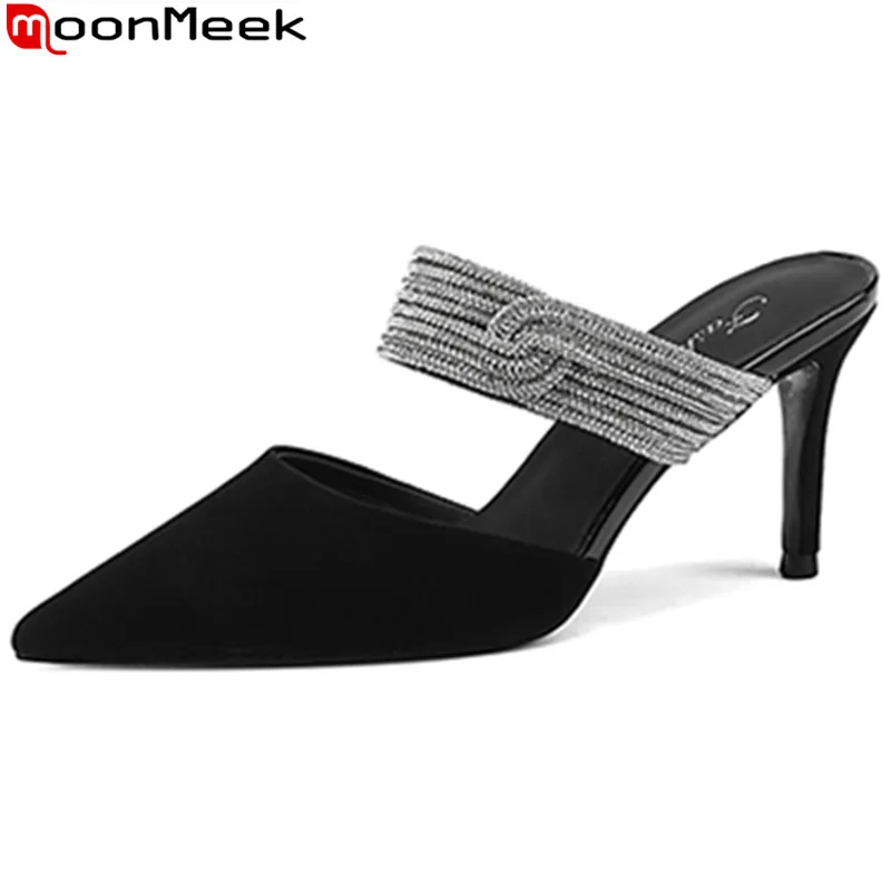 

MoonMeek 2022 New Arrive Kid Suede Bling Women Slippers Comfortable Dress Shoes Ladies Thin High Heels Slippers