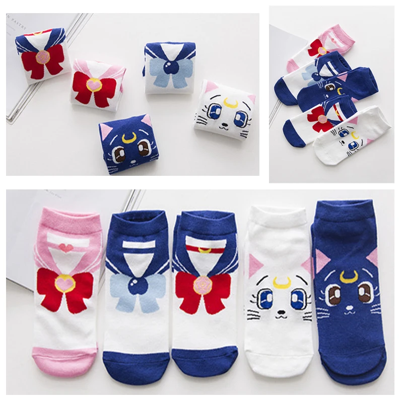 

5 Pairs of Novelty Girls Socks Harajuku Cute Kawaii Cat Sailor Moon Anime Cartoon Breathable Cute Sweet Soft Funny Casual Socks