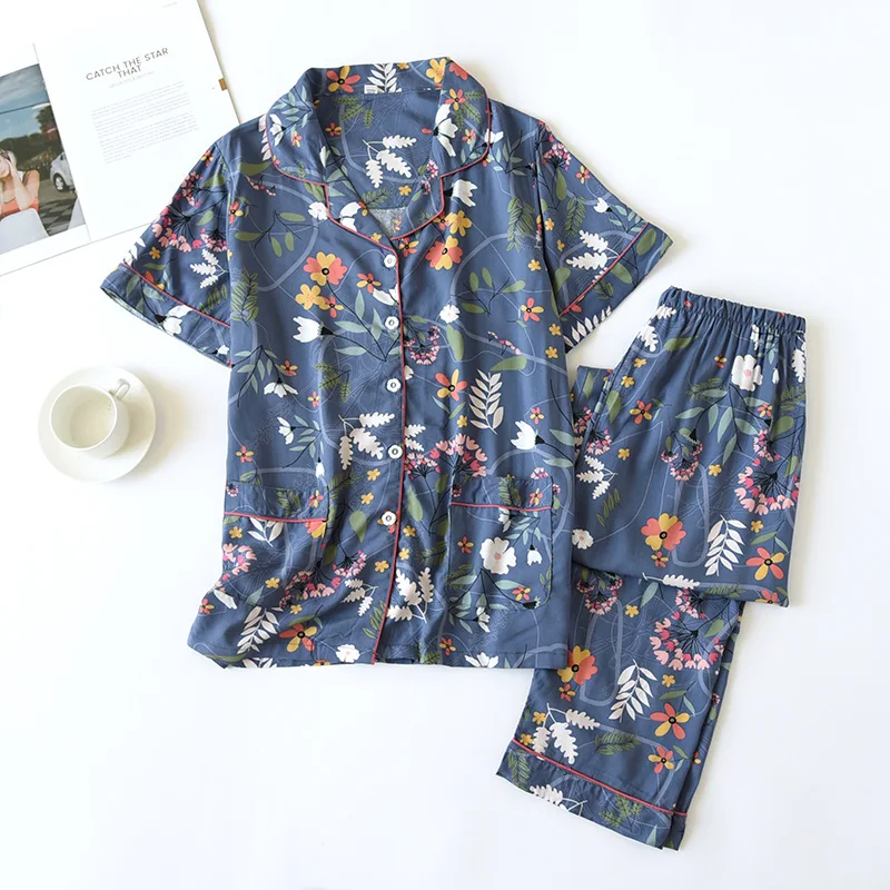 

Print Pajama Set Two Piece Sleepwear Women's Rayon Short-sleeved Trousers Home Wear Ladies Floral Cotton Silk Pyjamas Lounge