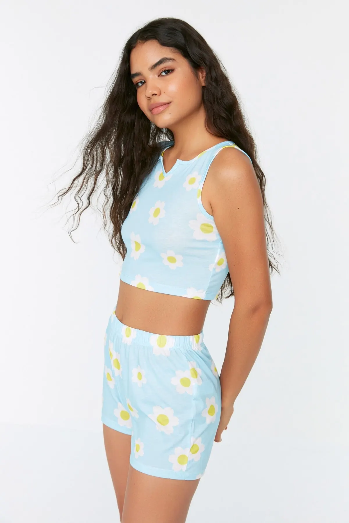 

Женская пижама с синими маргаритками, вязаная Пижама для сна и отдыха, ночная рубашка, Ночной костюм, повседневная домашняя одежда