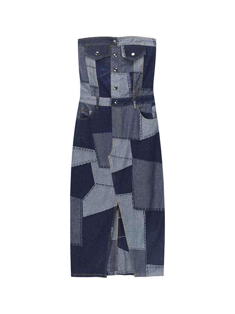 

Women Strapless Denim Dress Mid-Long Slit Design Frocks Streetwear Party Vintage Aesthetic Korean Fashion High Street Elegant
