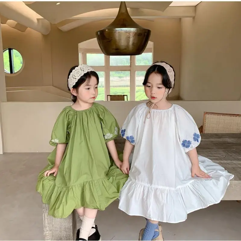 

Женское хлопковое платье с пышными рукавами, Летнее Детское платье 2022 с цветочной вышивкой и оборками, эластичное Простое Повседневное пла...