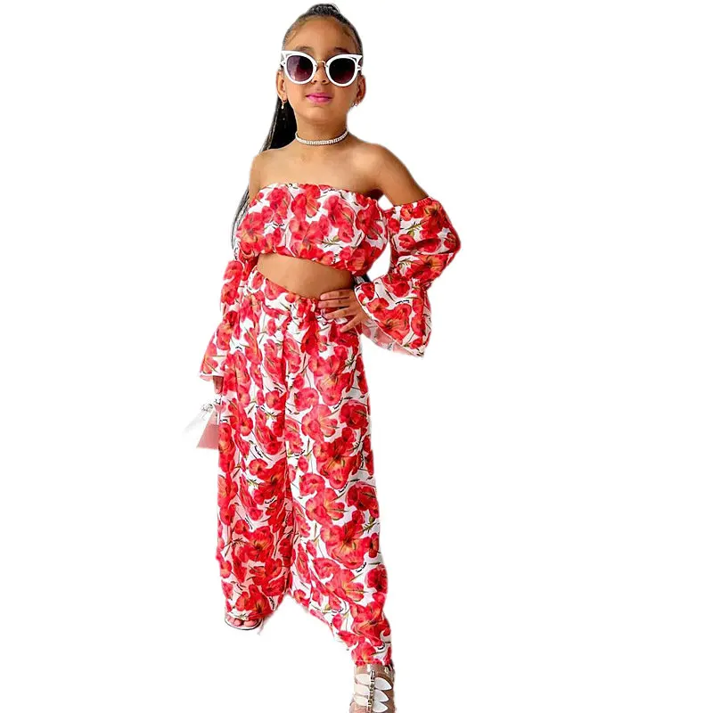 

Kids Baby Girl Clothes Set Off Shoulder Long Sleeve Crop Tops+Wide Leg Pants Outfits Toddler Summer Holiday Clothing 1-8Years