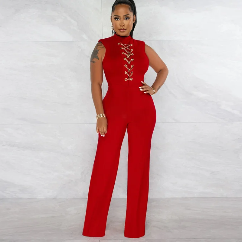 

WUHE Elegant Front Chain Lace Up Jumpsuits Women Sleeveless Bandage Wide Leg Pants Office Lady Romper Solid One Piece Overalls