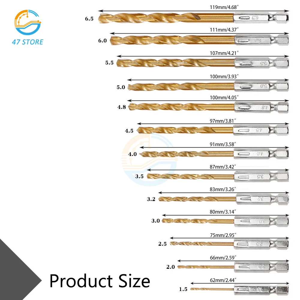 

13pcs HSS Drill Bit Set High Speed Steel Titanium Coated Drill Bit Hex Shank 1.5-6.5mm Hexagonal Handle Twist Drills