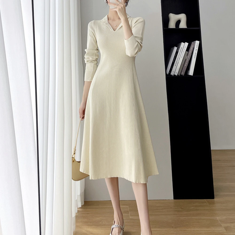 

Fashion French Chic Women Knits Dress Long Sleeve Minimalism Solid Color Pullover Slim Round Neck Spring Sweater Dress For Lady