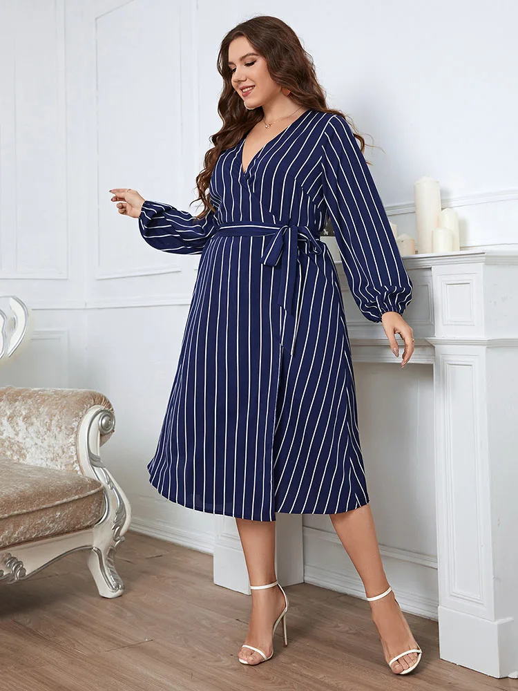 Plus Size Dresses For Women Spring 2023 Elegant Fashion Long Sleeve Striped Wraped Midi Party Dress Sexy V Neck Loose Dress 4XL