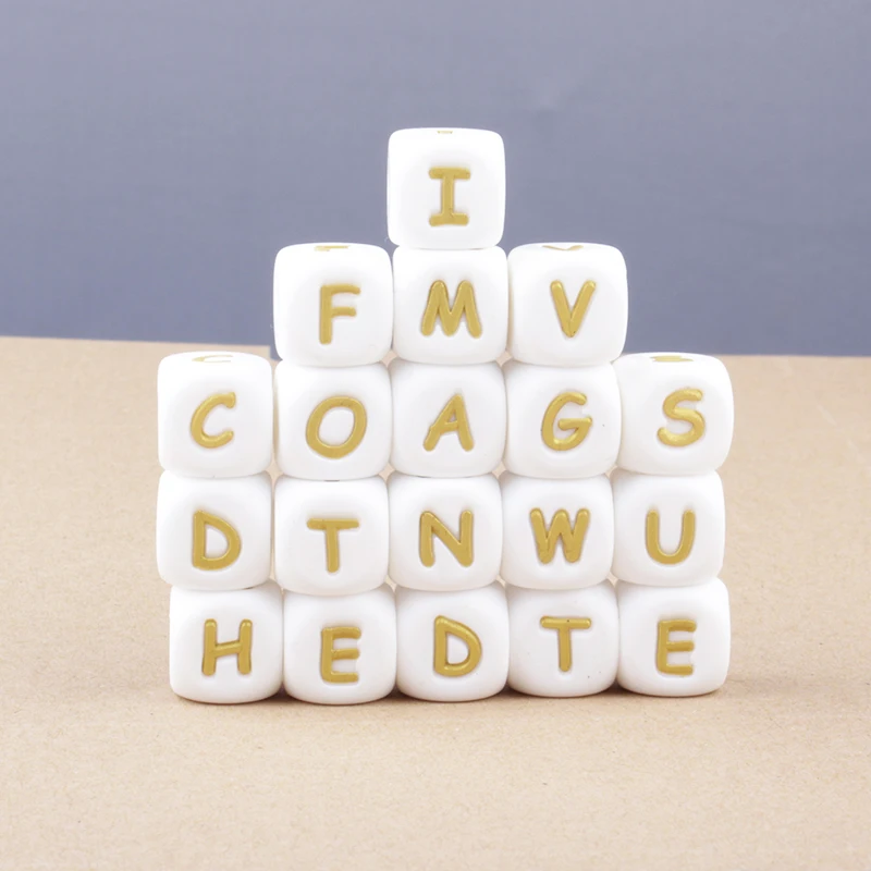 50pcs 12mm White+Gold Silicone Letters Beads Baby Name Teething Teethers English Alphabet Bead for Chew Nursing Shower Gifts