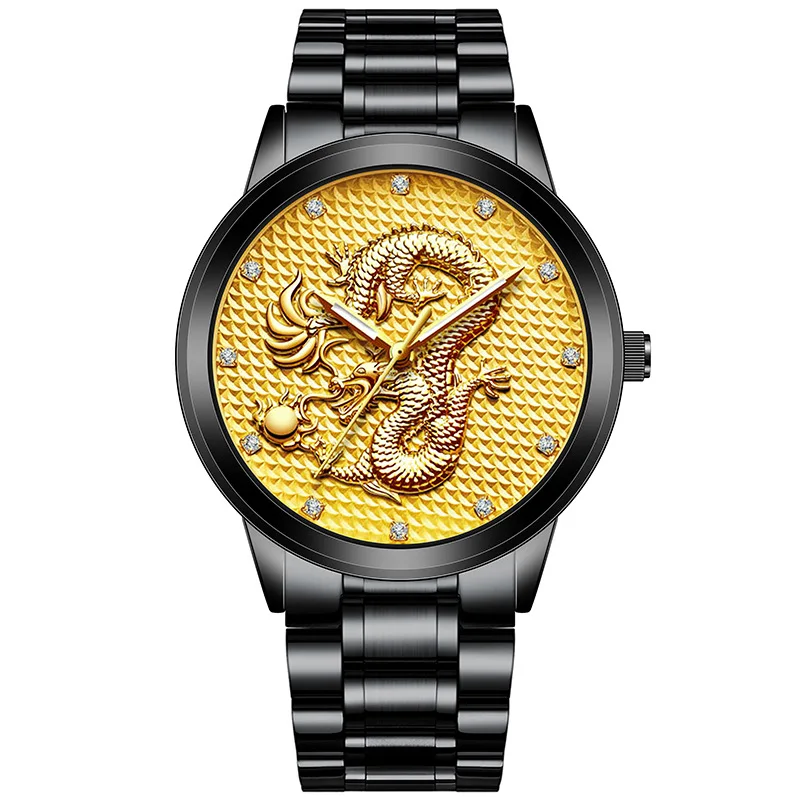 

2021 Men's Watch Chinese Wind Dragon Watch Embossed Golden Dragon Play Bead-encrusted Diamond Casual Business Quartz Watch Man