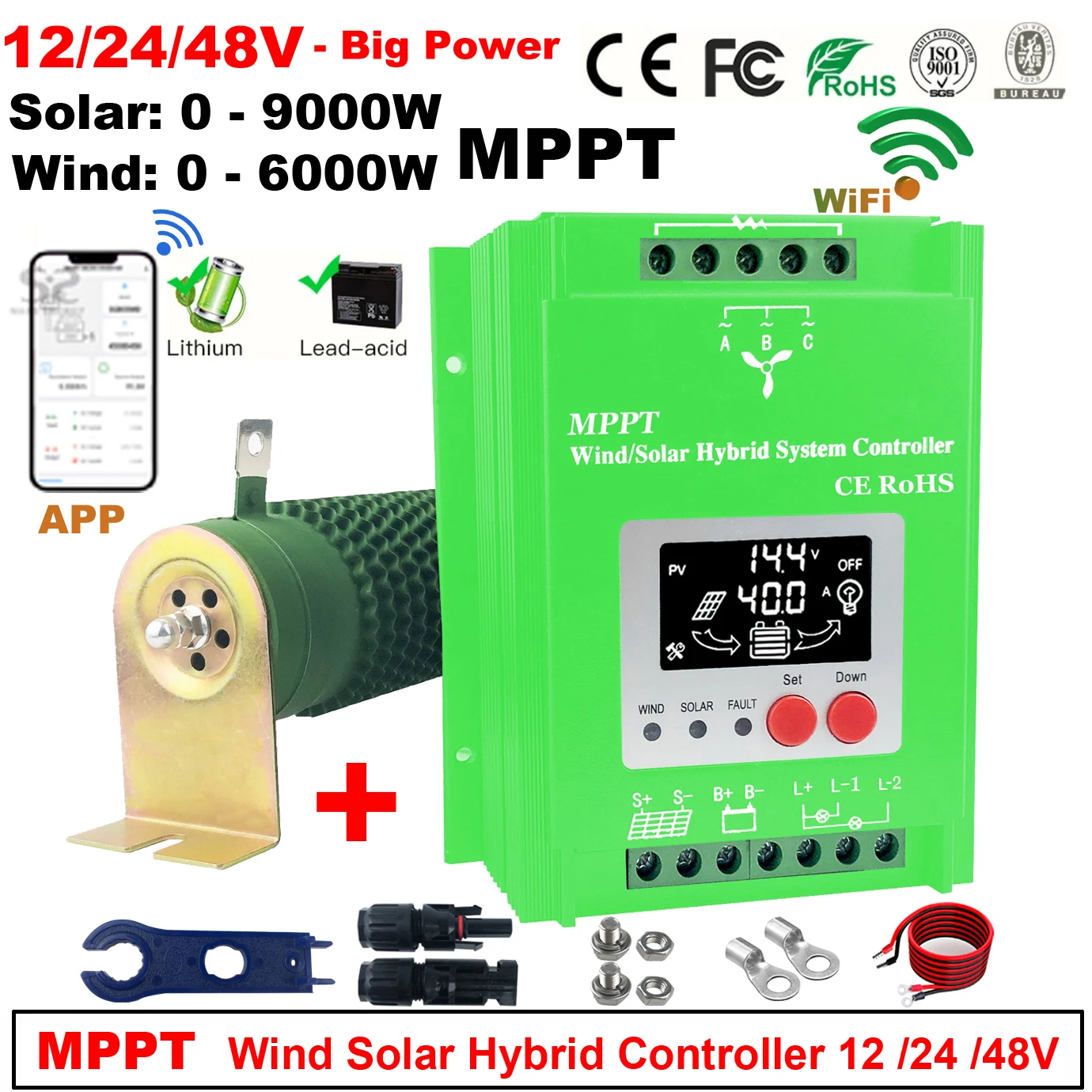 

Новый гибридный контроллер заряда солнечной энергии MPPT 6000 Вт, 12 В, 24 В, 48 В с функцией Wi-Fi для ветровой турбины 5000 Вт, солнечная панель 15 кВт