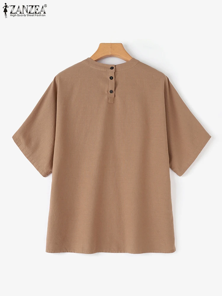 Летняя Повседневная хлопковая блузка ZANZEA с коротким рукавом и круглым вырезом