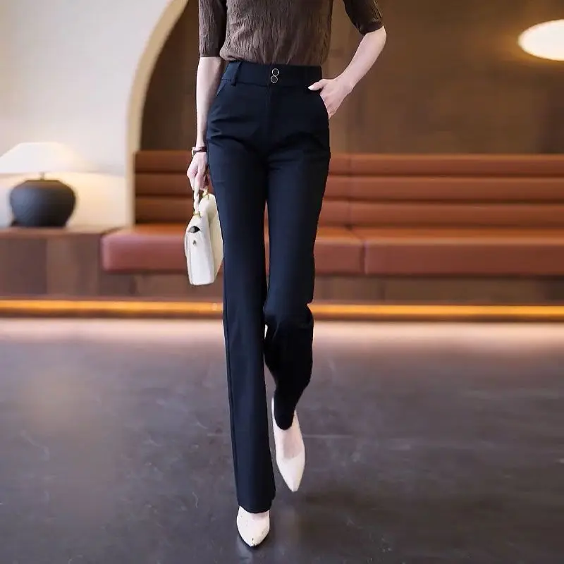 Spring Autumn 2023 New Women High Waist Chic Office Ladies Elegant Solid Straight Suit Pants Female Flare Trousers Tops X107