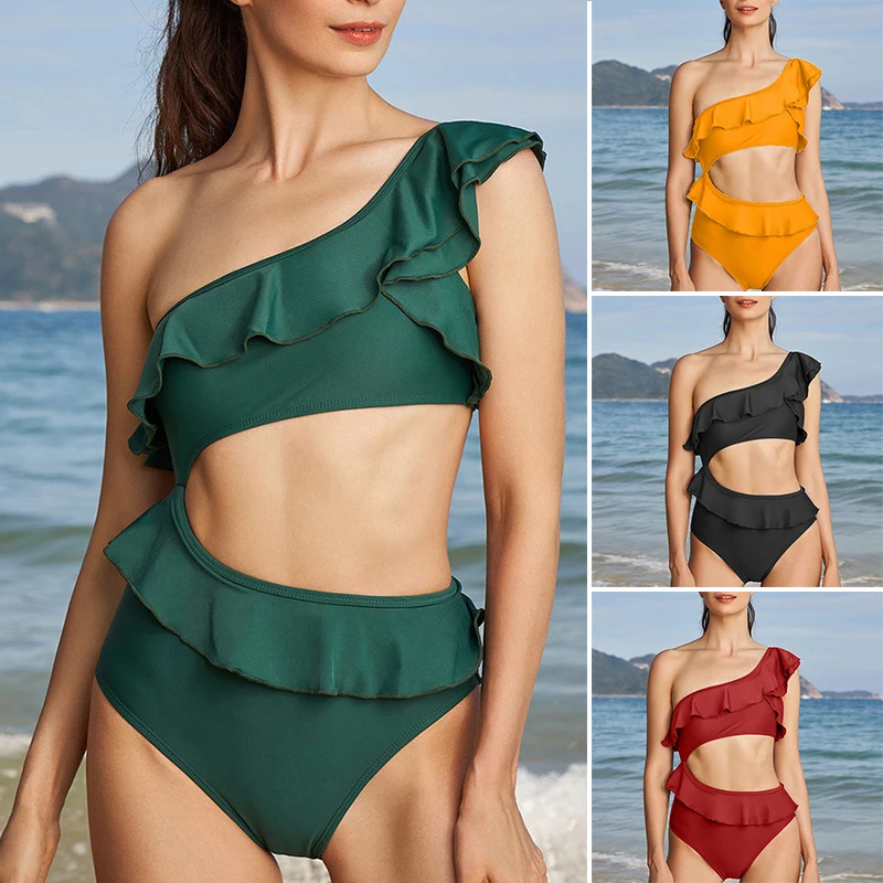 

Женский Цельный купальник с открытой спиной и оборками, модный Удобный купальный костюм, женский цельный купальник, однотонный купальник ...