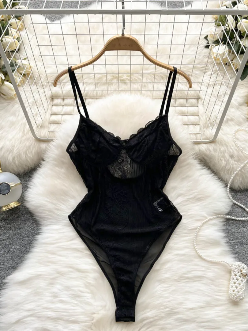 

Sexy Black Bodysuit for Women V-neck Spaghetti Strap Sleeveless Hollow Out Floral Lace Backless Skinny Bodysuits Body Tops
