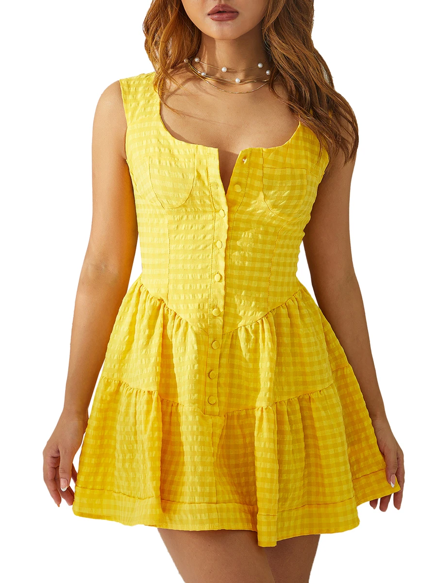 

BEAFNKSG Women Sleeveless Ruffle Mini Dress Floral Print Buttons High Waist A-Line Short Dress Casual Beach Sundress