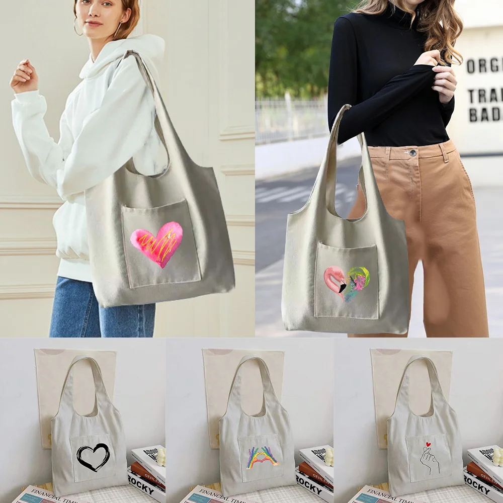 

Foldable Shopping Bag Reusable Handbag Shopper Bag Casual Ladies Canvas Large Capacity Love Print Shoulder Tote Bag