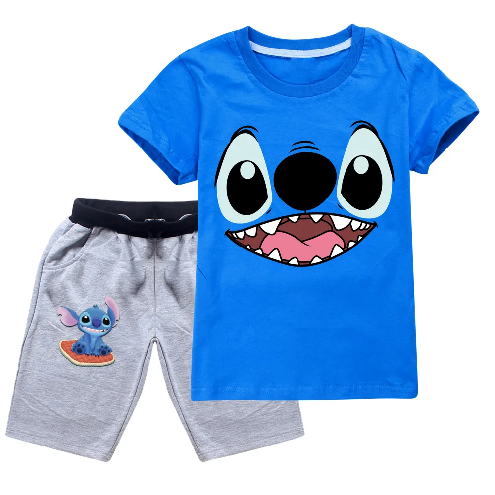 

2022 New Boys Summer Disney Stitch T-Shirt + Pants 2 Piece Tracksuits Toddler Baby Casual Fashion Clothes 2-16Y