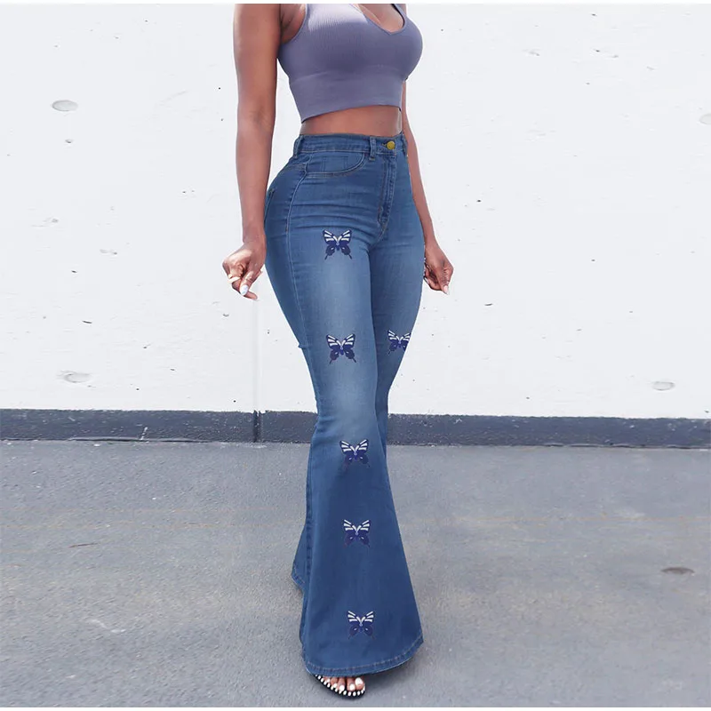 Butter Fly Print Indie Aesthetic Flare Jeans 5XL Vintage Y2K Stretchy Skinny Melody Denim Pants Wide Leg Bell Bottoms Oversize