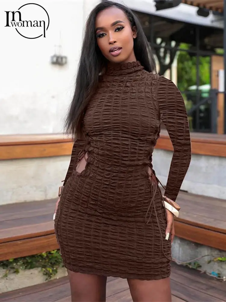 

INWOMAN Summer Sexy Bodycon Mini Dresses For Women 2022 Long Sleeve Bandage Skinny Dress White Brown Green Party Dress Female