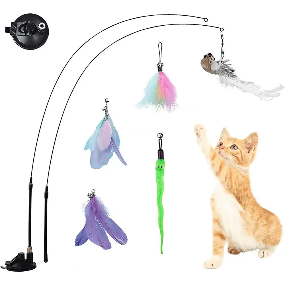 

Cat Teaser Stick Set With Suction Cup Bells Feathers Tassels Cat Wand Toy Pet Supplies For Relieves Boredom Dropship