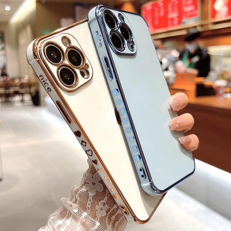 For iPhone 11 12 13 Pro Max XS X XR 7 8 Plus Mini SE 2020 Silicone Cases Cover Electroplated Love Heart Phone Case