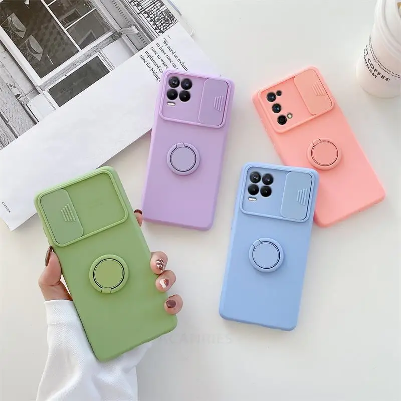 slide camera protect ring phone holder case for oppo realme 8 7 pro 7pro 8pro 4g soft liquid silicone cover realme8 realme8pro free global shipping