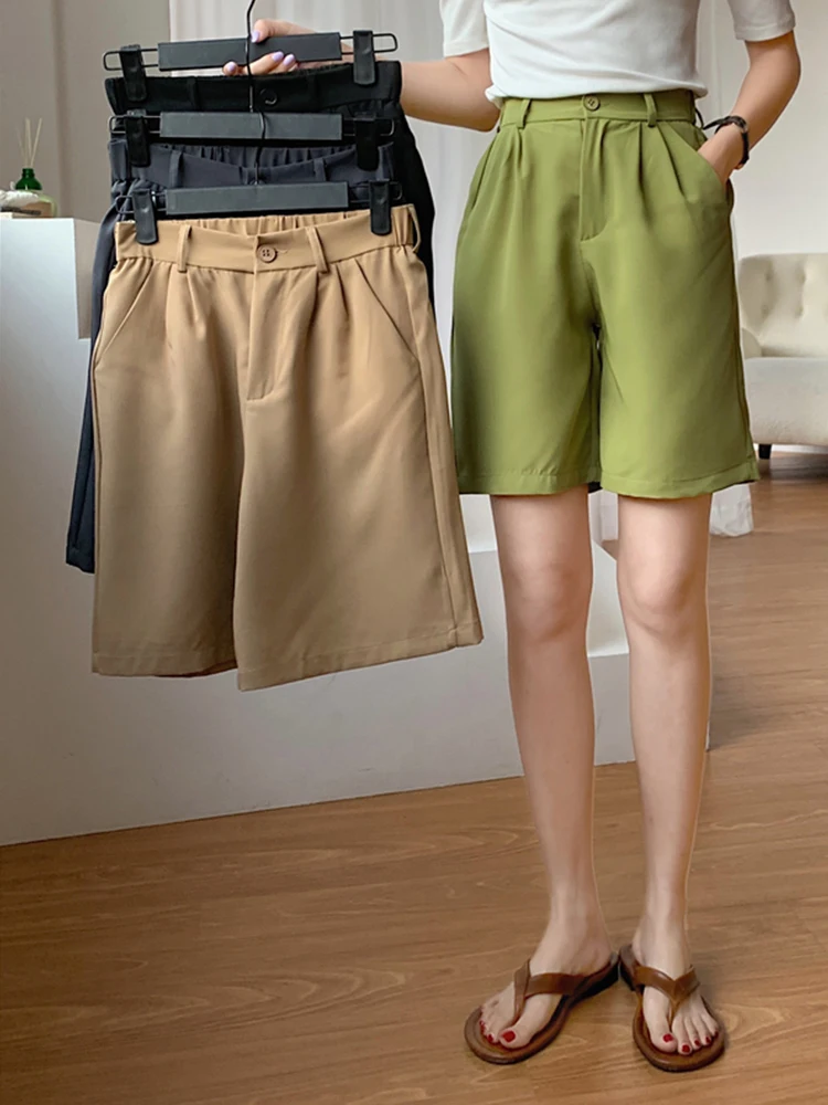 

Summer Suit Shorts for Woman Solid Loose Knee Length Pants Femme Korean High Waist Wide Leg Shorts Women