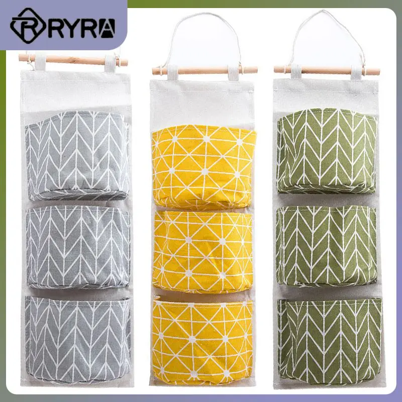 

Cotton Linen Pattern Hanging Storage Bag 3 Pockets Wall Mounted Wardrobe Hang Bag Wall Pouch Cosmetic Toys Organizer JSX