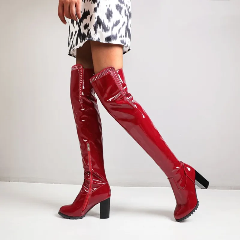 

2022 Autumn and Winter Sexy Black Red Thigh High Boots Women Patent Leather High Heels Over The Knee Boots Round Toe Party Boots
