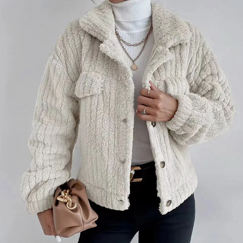 Faux Mink Fur Coat Padded Lapel Jacket Casual Striped Knit Coat Women's Winter Fur Coat 2022 New Plush Warm Cardigan Jumper