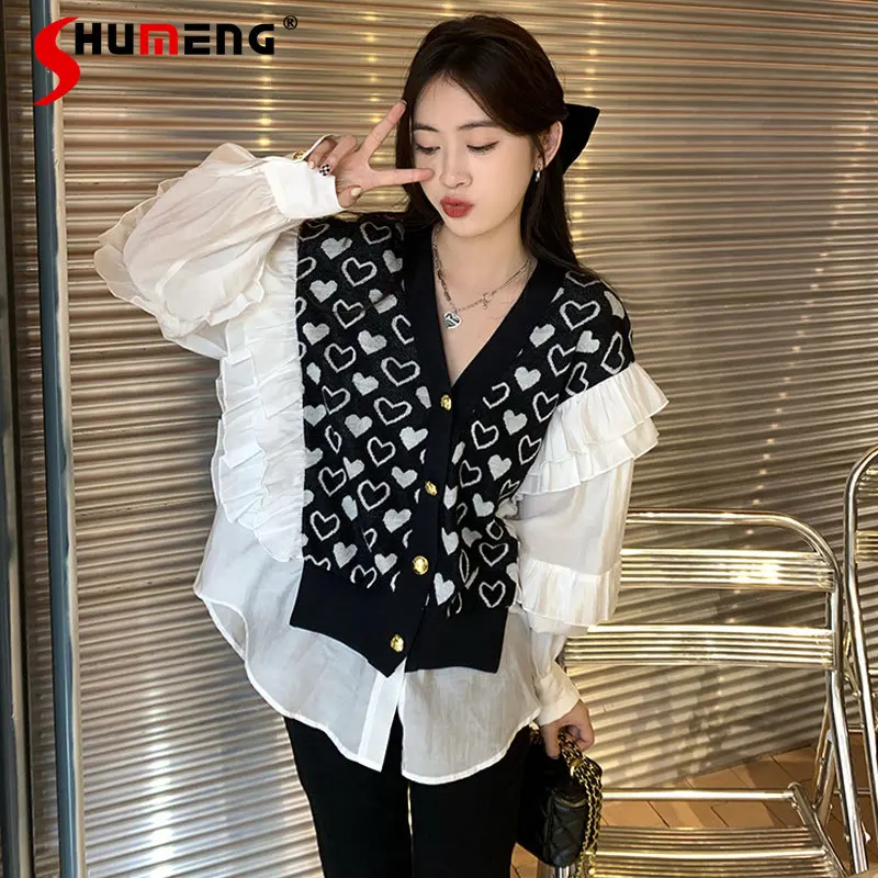 

2022 Spring New Ladies Fashion Stitching Fake Two-Piece Knitted Shirt Women's Office Lady Lantern Sleeve Black White Blusas Top