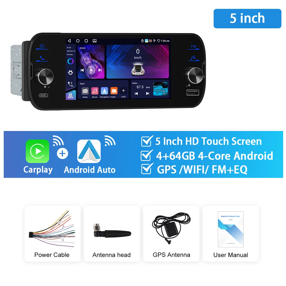 

Podofo 4 + 64G 1Din Android Автомобильная стерео 5 дюймов Мультимедийный плеер WIFI EQ Carplay Android Auto Bluetooth GPS-навигация RDS Автомобильное аудио
