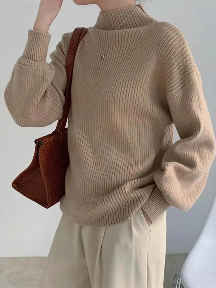 Новинка Женский вязаный пуловер с рукавами-фонариками модный офисный Однотонный