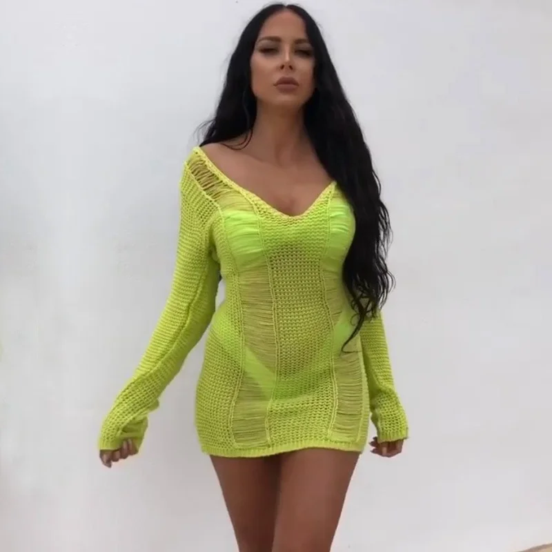 

Sexy Autumn Crochet Cutout Beach T-shirt Dress Women's Solid Color Bohemian Casual Mini Dress See-through Beachwear Blouse Dress