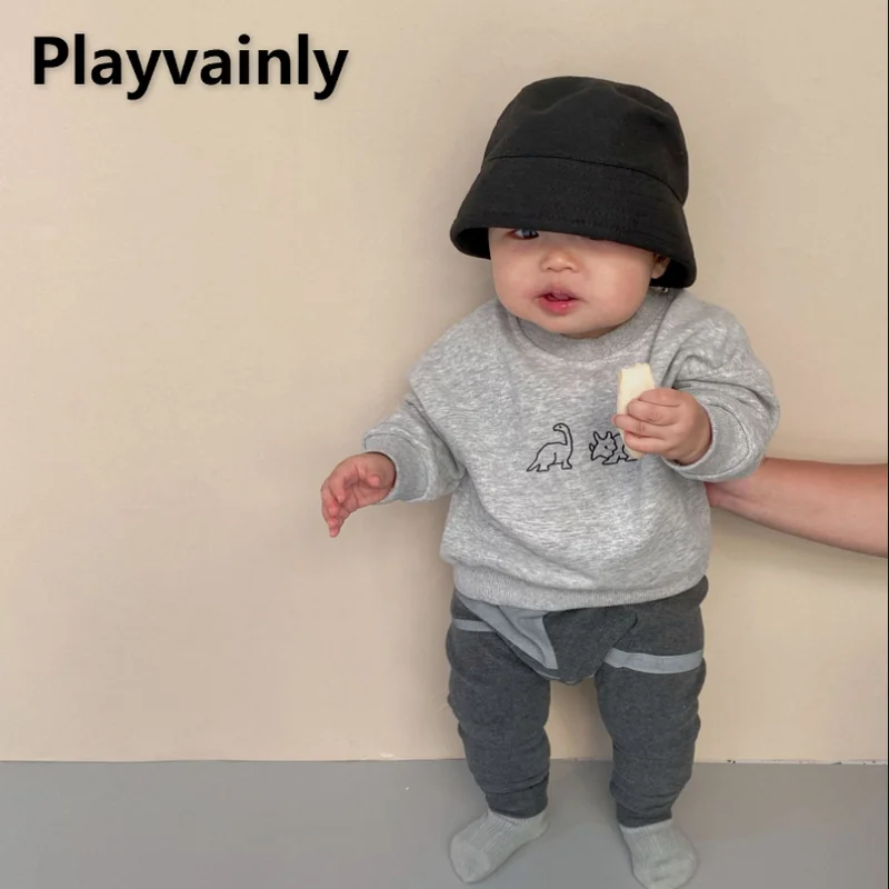 

Корейский стиль, новинка 2022, Осенний свитшот для мальчиков и девочек, хлопковый пуловер с длинным рукавом и мультипликационным динозавром, ...