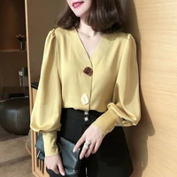 elegant vintage lantern long sleeve chiffon shirt womens clothing 2022 spring new office lady v neck casual loose button blouse