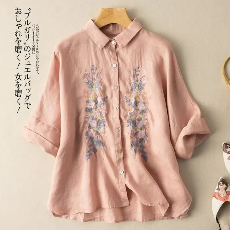 

Three-quarter Sleeve Cotton and Linen Shirt Women's Plus Size Spring and Summer New Literary Retro Embroidery Loose Casual Top