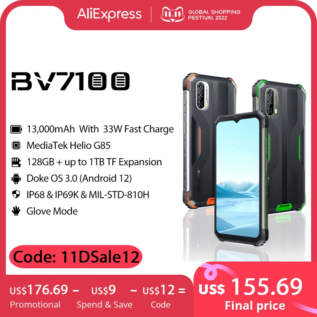 Kup [Światowa Premiera] Blackview BV7100 Wytrzymały Telefon 6GB 128GB 13000mAh Andriod 12 Octa Core Telefon Komórkowy 6.58 ''wodoodporny Telefon Komórkowy
