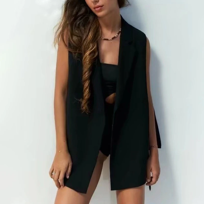 

2022 Spring Summer Women Fashion Solid Color Suit Vest Jacket Versatile Sleeveless Lapel Slit Outerwear Chic Top XX8714