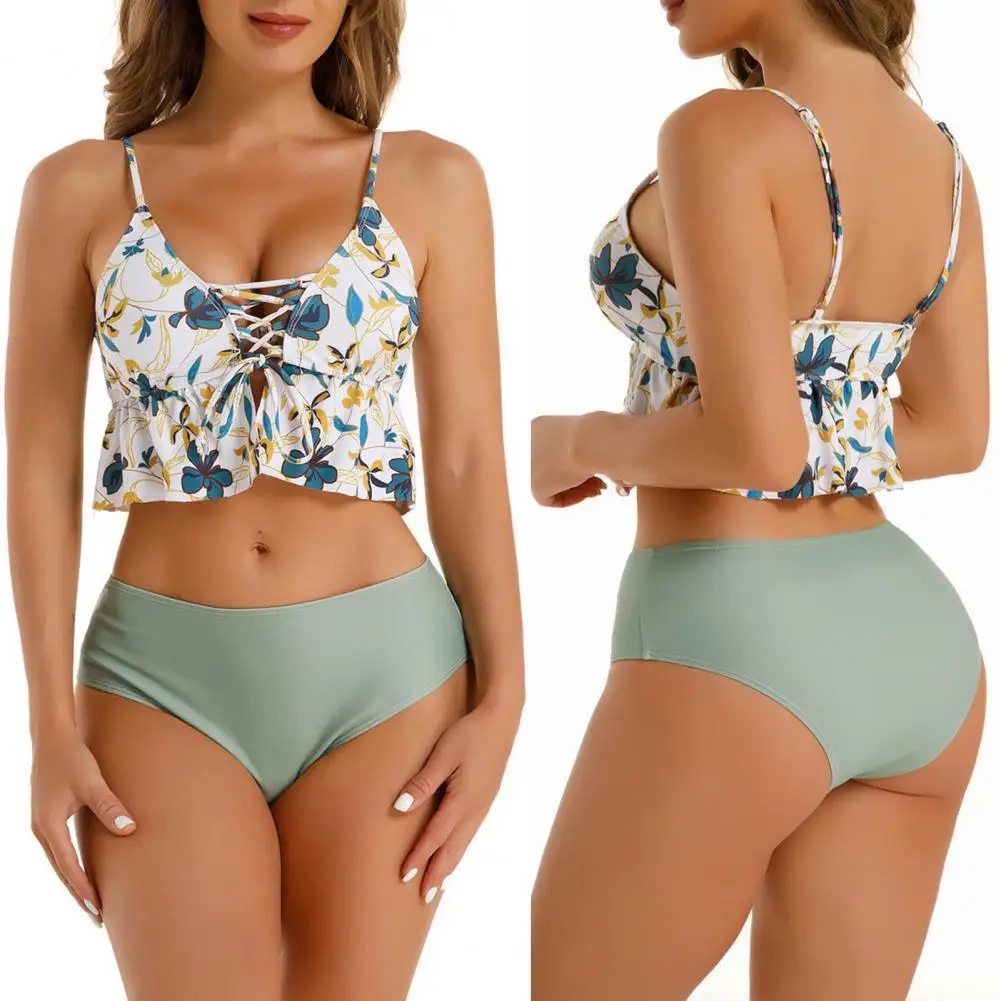 

2Pcs/Set Women Bikini Floral Print Ruffles Two-piece Bandage Backless Swimwear for Swimming Female Beach Wear High Waist Bikinis