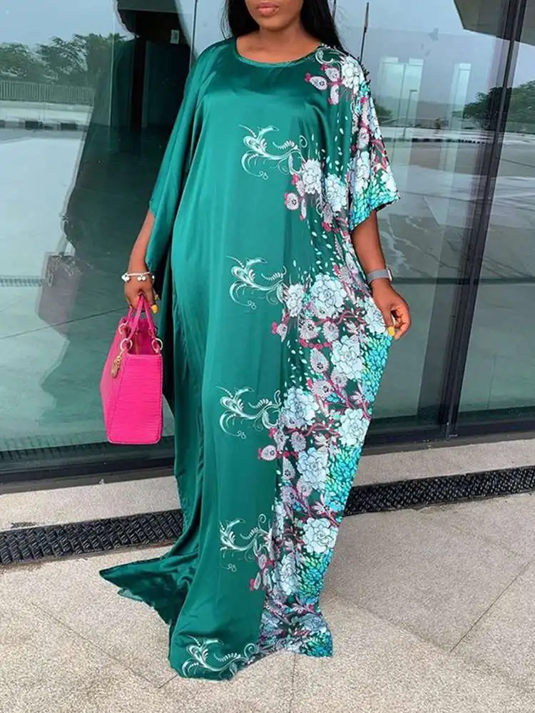 

Bohemian Floral Printed Maxi Dress VONDA 2022 Summer Dress Women 3/4 Sleeve Round Neck Vestidos Holiday Casual Loose Sundress