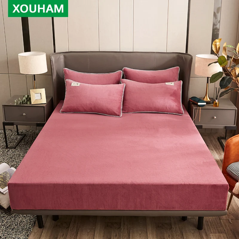 

XOUHAM Milk Velvet Warm Fitted Sheet Solid Color Fitted Cover Non Fading Bedding 3 PCS (1 Fitted Sheet + 2 Pillowcase) Only