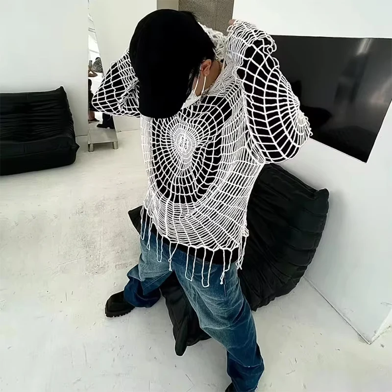 Y2k одежда Паук Паутина полый Мужской Повседневный свитер уличная вязаный ретро