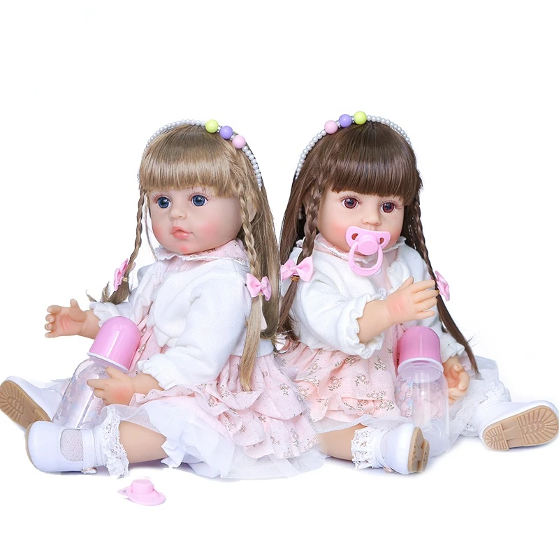 

55CM Original Full Body Silicone Bebe Doll Reborn Toddler Girl Doll Has Long Hair of Two Colors Bath Toy
